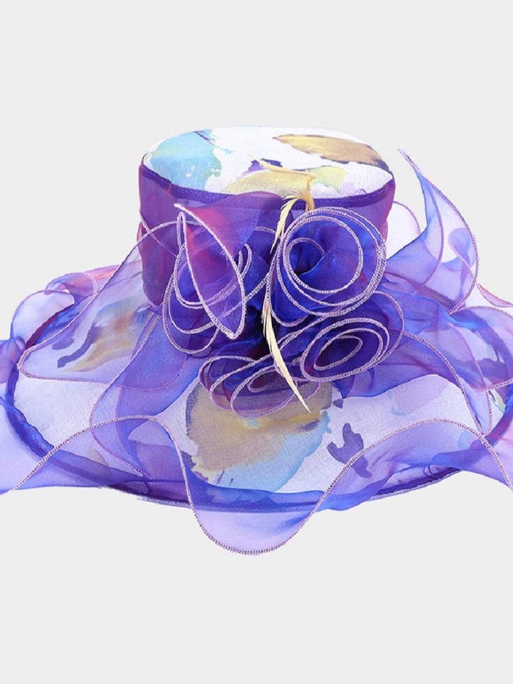 Elegant Purple Organza Floral Wide-Brim Women’s Hat